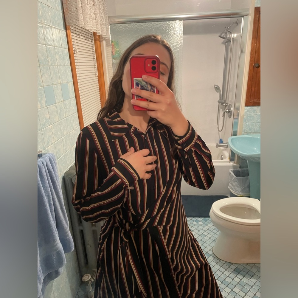 Striped Button Down Collared Dress - Picture 2 of 6